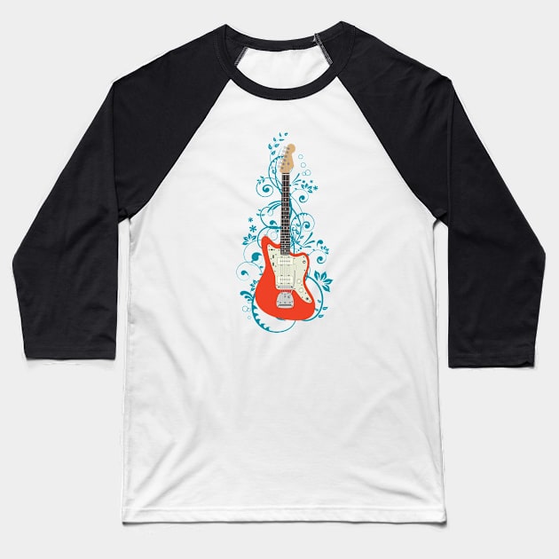 Red Offset Style Electric Guitar Flowering Vines Baseball T-Shirt by nightsworthy